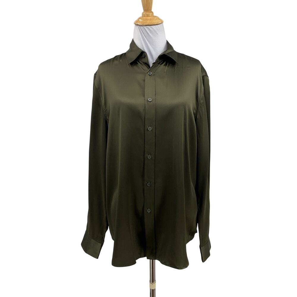 Lilysilk Shirt Womens 12 Dark Olive Mulberry Silk Satin Button Up Long Sleeve